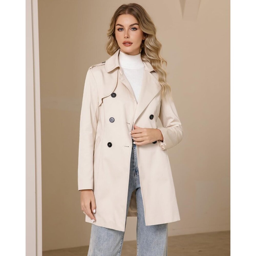 Women's Beige Trench Coat Classic Double Breasted Lapel Windbreak Midi Outerwear - Picture 2 of 6